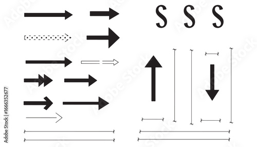 Silhouette vector illustration of CAD-style architectural symbols including arrows, section marks, and dimension lines in clean minimal outline drawing for technical drawings and construction plans