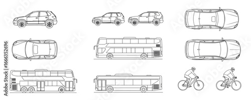 Minimalist outline vector illustration of vehicles including cars, buses, and bicycles in CAD style outline drawing with top and side views for transportation and city planning design