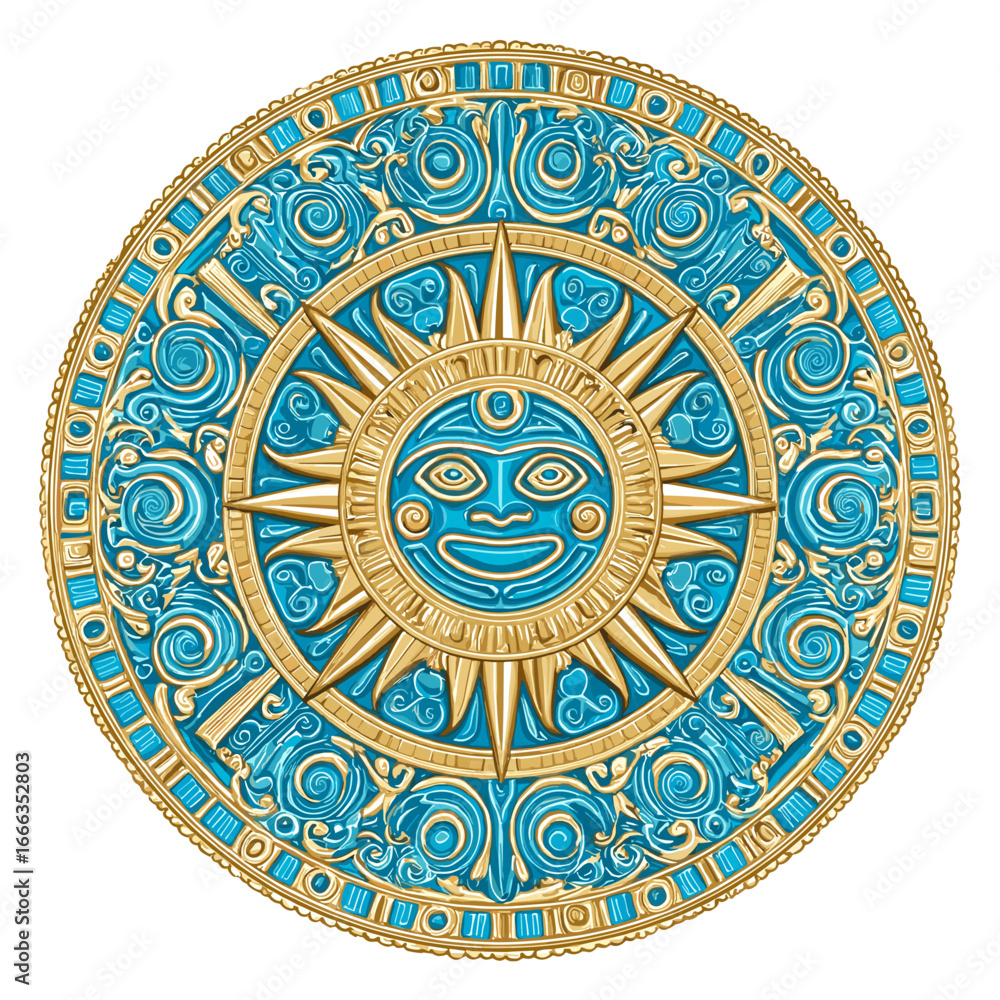 Naklejka premium Aztec Sun Symbol: A captivating display of an Aztec sun symbol in striking blue and gold, intricately designed with cultural and symbolic significance.