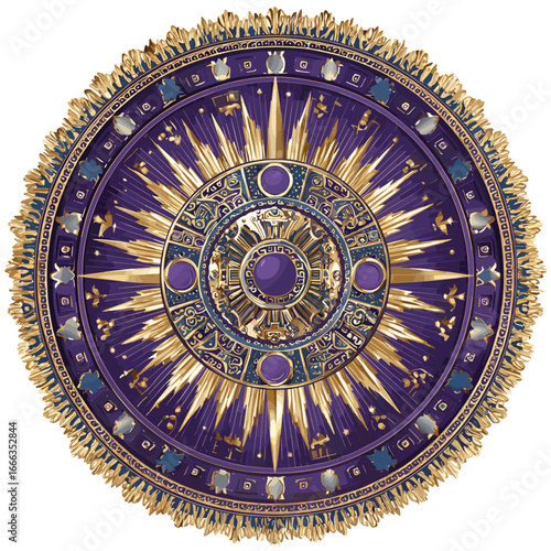 Golden Emblem of Ancient Craftsmanship: The image features a meticulously crafted circular emblem, showcasing intricate detailing in gold and purple hues, reminiscent of ancient artistry and design. 