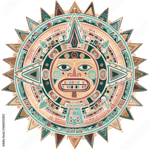 Aztec Calendar Symbol: Intricate and detailed illustration of the Aztec sun stone calendar, showcasing the celestial and cultural significance of this ancient artifact. 