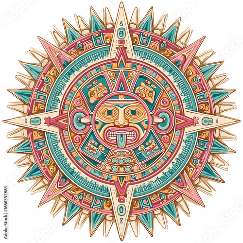 Ancient Aztec Calendar: An intricate artistic rendition of the iconic Aztec calendar, with vivid colors. Reflecting the history of the Aztec civilization. 