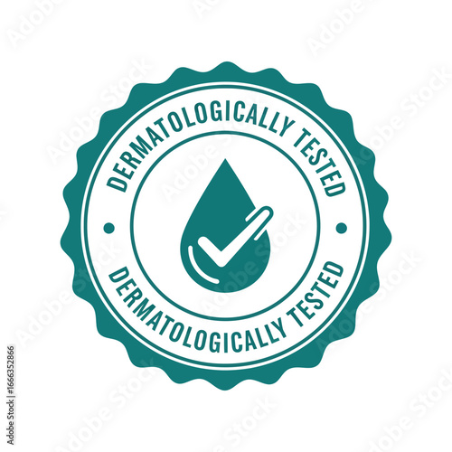 Dermatologically tested seal of approval with water drop and checkmark icon for skincare products vector