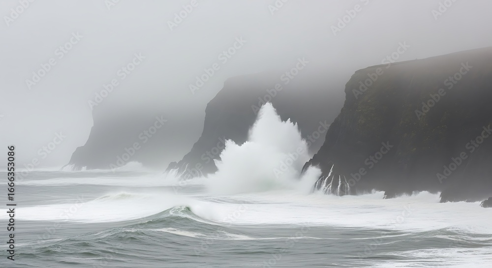 Obraz premium Waves crash against the cliffs in the fog