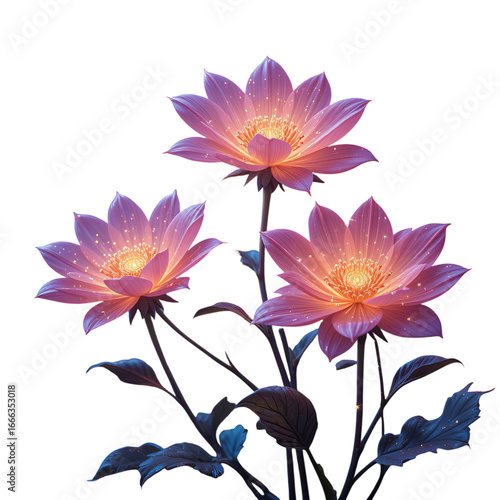 Three luminous pink lotus flowers with glowing centers against a black background space
