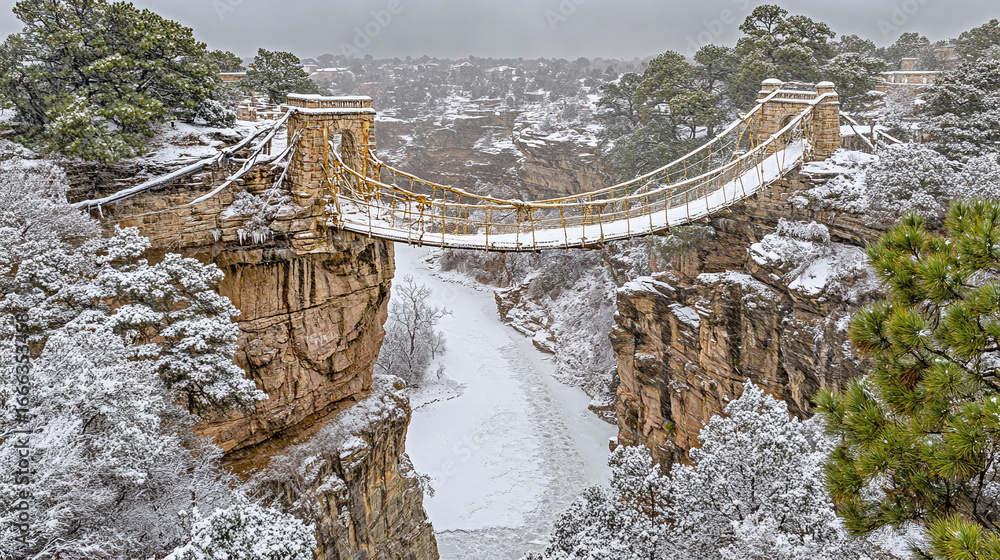 Obraz premium Majestic Suspension Bridge Over Canyon, Winter Wonderland, Scenic Viewpoint, Nature Photography