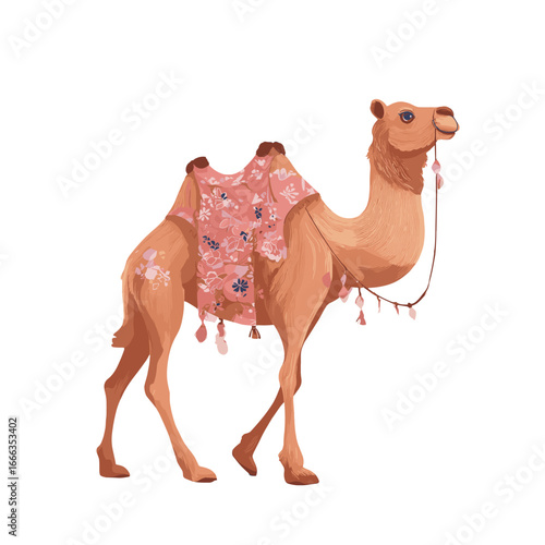 Desert Caravan: A captivating illustration of a desert camel, elegantly adorned with a decorative saddle, evoking the spirit of exploration and travel in the arid expanse.