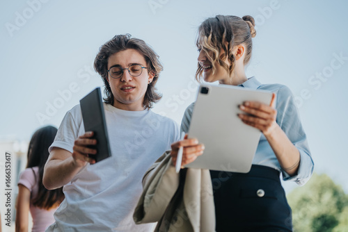Photos Two individuals engage in a conversation outdoors, utilizing modern tablets for collaboration and discussion, implying teamwork and technology