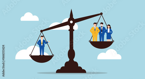 Workplace imbalance concept, decision-making illustration, business scale metaphor, team dynamics, power inequality, leadership contrast, influence, representation, justice, comparison