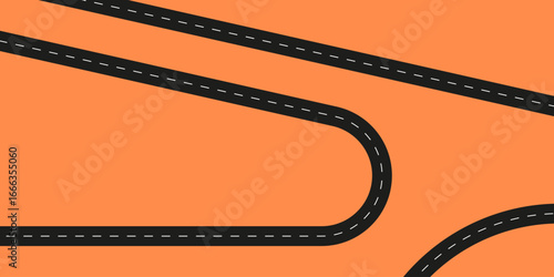 Curved road on orange background, abstract highway vector with sharp turns, minimal design for travel, navigation, and transportation concepts.