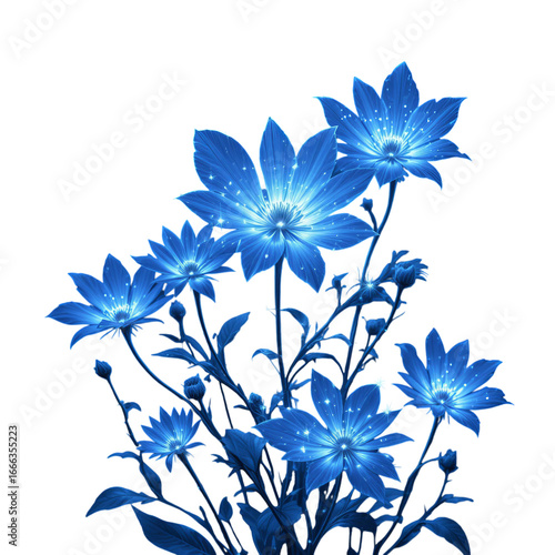 A cluster of blue flowers with star like specks on petals against a black background art