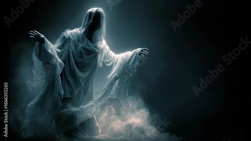 Evil halloween ghost avatar with open mouth coming towards you scary spooky horror background.