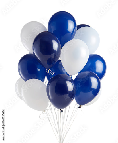 A cluster of navy blue and white balloons.