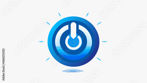 Blue power button icon glows softly on white background, minimalist vector illustration radiating energy, modern design symbolizes control, technology’s gateway between silence and motion, timeless 