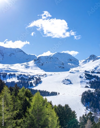 Wallpaper Mural Snowy mountain range with fresh powder ski slopes and vibrant green trees under a clear, sunny sky. Torontodigital.ca