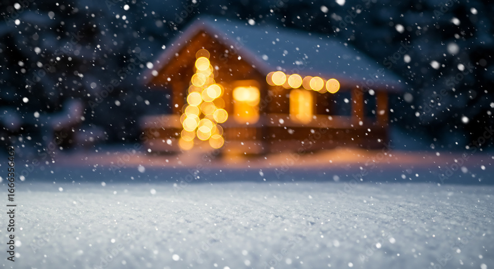 Fototapeta premium Cozy Winter Cabin: Christmas Eve Snowfall