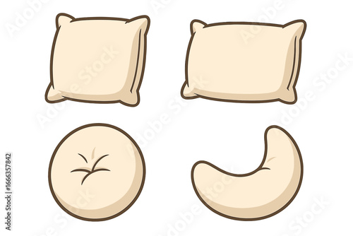 Collection of soft pillows in different shapes. Vector cartoon set with square, rectangular, round, and neck cushions for comfort, sleep, travel and home decor elements.