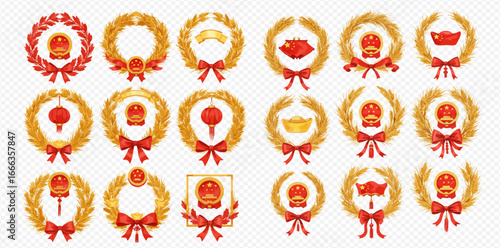 A diverse collection of golden wheat wreaths adorned with red bows and various Chinese national and cultural icons.