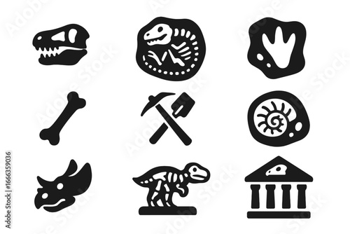 Dinosaur archaeology solid icon set. Paleontology fossils, bones, and museum artifacts collection. Prehistoric animal skeleton, skull, egg, and footprint vector glyphs.