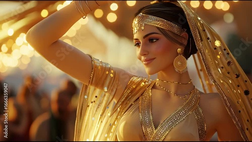 Elegant Arabic woman dancing gracefully in golden outfit at festival  