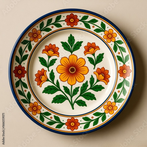 Primer plano plato artesanal con dibujo de flores 