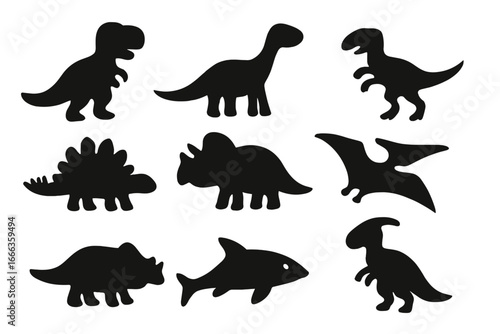 Dinosaur silhouette vector icon set. Prehistoric animal and fossil collection for kids. Cartoon jurassic monsters. T-rex, triceratops, stegosaurus, pterodactyl shapes.