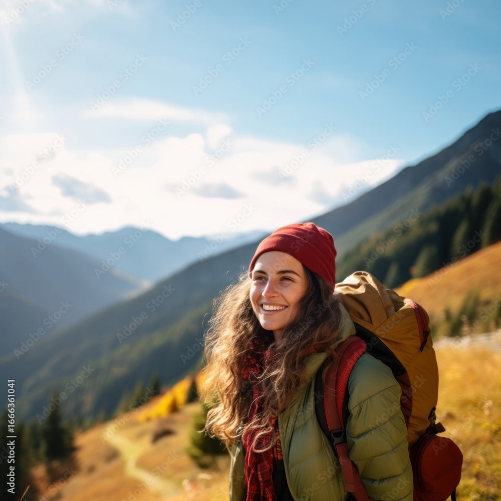 Naklejka premium Photo of happy smiling woman hiking in mountains.