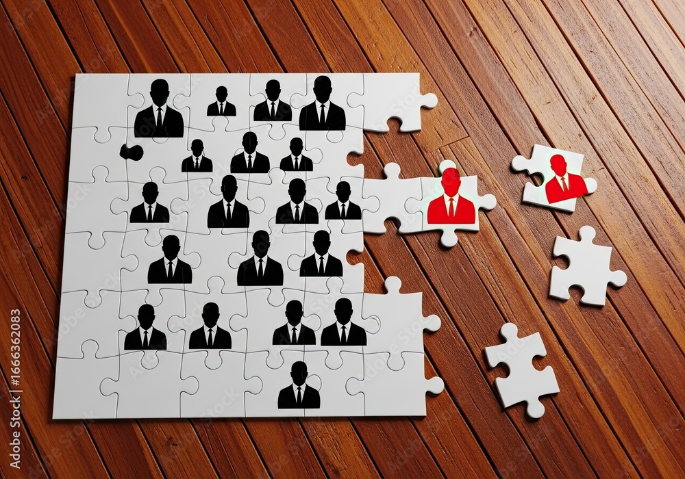 Fototapeta premium Business organizational chart puzzle showing team members and missing pieces on a wooden background