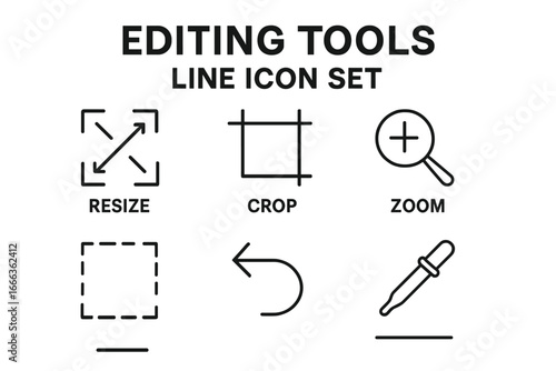Editing tools line icon set for graphic design. Minimalist outline icons for UI UX. Resize, crop, zoom, selection, undo, color picker symbols for web and app interface.