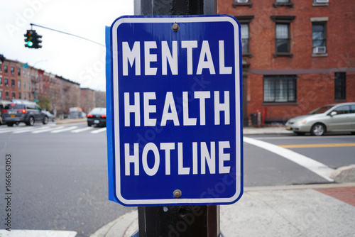Blue sign on a pole reads mental health hotline on a city street