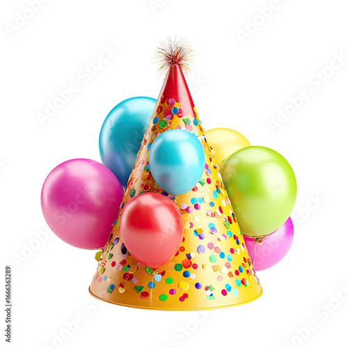 Party hat with balloons, confetti, and vibrant colors