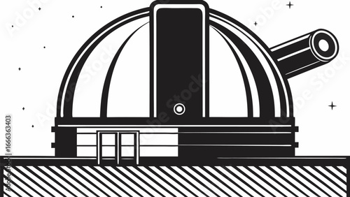 Illustration of an observatory with a dome and telescope under a starry night sky in black and white |  editable eps vectors silhouette