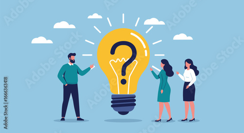 Team brainstorming, problem-solving concept, glowing light bulb, question mark idea, innovation session, collaborative thinking, solution search, discussion