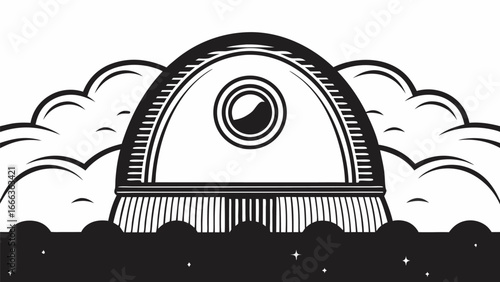 Illustration of a domed structure with a circular window surrounded by clouds and stars in black and white |  editable eps vectors silhouette