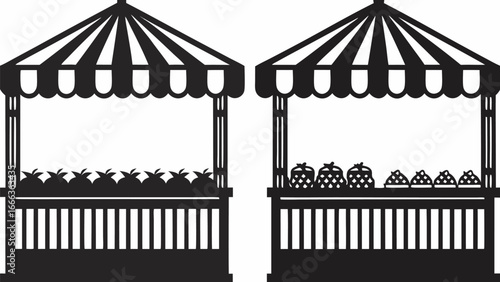 Two market stalls with striped canopies and produce on display in a black and white illustration |  editable eps vectors silhouette
