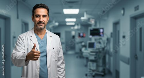Smiling doctor giving thumbs up in hospital hallway, healthcare professional approved