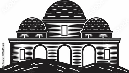 Illustration of a building with three domes and arched entrances in black and white style design art |  editable eps vectors silhouette