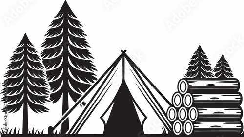 Silhouette of a camping scene with a tent, trees, and stacked logs in a forest setting, black and white design |  editable eps vectors