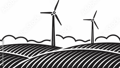 Illustration of two wind turbines in a field with clouds in the background in black and white style |  editable eps vectors silhouette