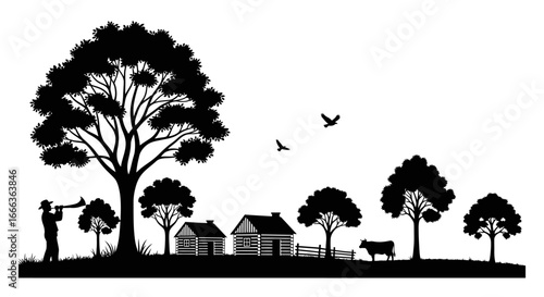 Rural farmhouse silhouette with cow, trees, and birds evokes peaceful countryside life