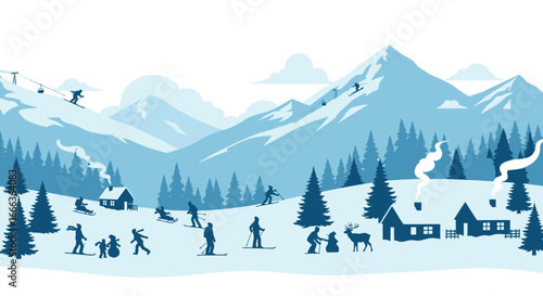 Winter wonderland scene with skiers, snow-covered cabins, and snowy mountains