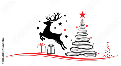 Festive Christmas design with reindeer, gifts, and stars for holiday greetings