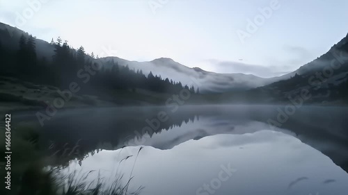Wallpaper Mural Misty mountain lake view at dawn. Reflections in the water, tall grasses foreground Torontodigital.ca