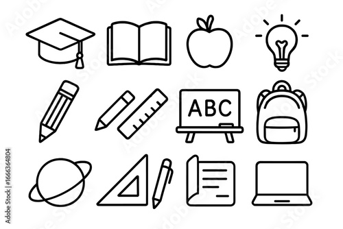 Education outline icon set for school and university. Learning, study, and knowledge symbols. Back to school supplies, graduation cap, book, backpack, and laptop pictograms.
