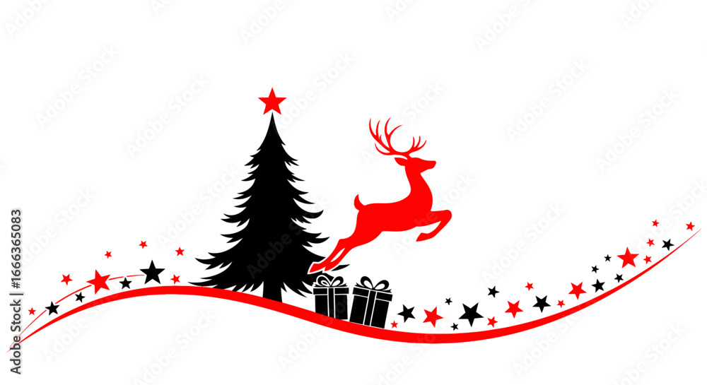 Christmas tree and reindeer design with gifts and stars on white background Christmas tree and reindeer design with gifts and stars on white background