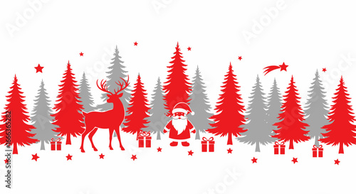 Festive Christmas scene with Santa, reindeer, and gifts among the trees