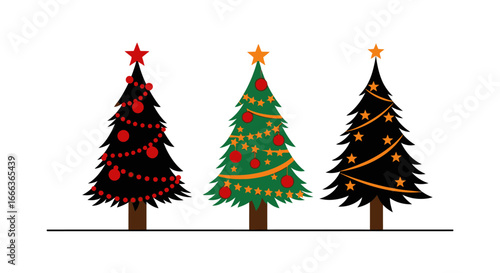 Festive Christmas trees with ornaments and star toppers for holiday designs