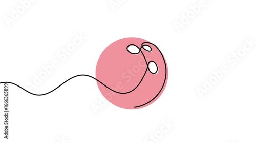 Animation of a single line drawing of a bowling ball with color. Continuous contour movement of a bowling ball. Continuous video with one line and color fill.