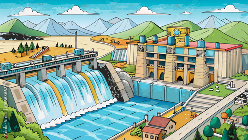 Hydroelectric dam viewed in grandeur, water discharges through locks with power, nature’s force harnessed, human innovation transforms river’s strength, dynamic vision of sustainability captured in 