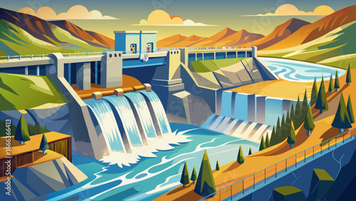 Hydroelectric dam viewed in grandeur, water discharges through locks with power, nature’s force harnessed, human innovation transforms river’s strength, dynamic vision of sustainability captured in 